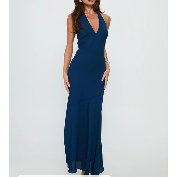 Princess Polly Dresses & Skirts - Princess Polly Navy Blue Halter Maxi Dress V-Neck Open Back Formal Evening Gown